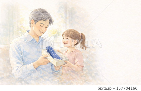 父の日にプレゼントを渡す子どもと父親のイラスト 137704160