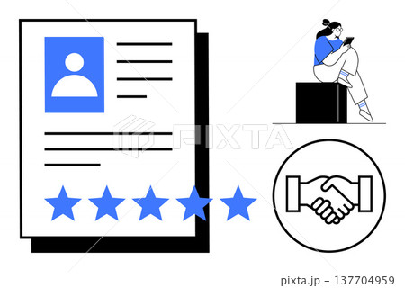 Career development, recruitment, business partnerships, customer satisfaction, profile reviews, HR consulting. Visual illustration of a profile, handshake and seated person. Career development Career development, recruitment, business partnerships, customer satisfaction, profile reviews, HR consulting. Visual illustration of a profile, handshake and seated person. Career development 137704959