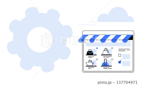 E-commerce, online stores, technology processes, digital transactions, business solutions, product showcase. A storefront interface with product icons and a gear symbol. E-commerce and online stores 137704971