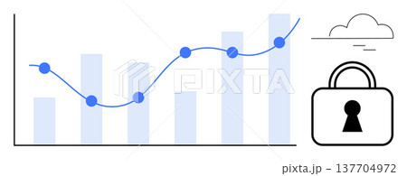 Cybersecurity, data protection, cloud storage, analytics, performance monitoring, growth tracking. Graph with rising trend line and padlock. Cybersecurity and data protection concept 137704972