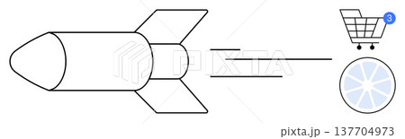 E-commerce, shipping, speed, delivery services, logistics, online shopping. A rocket speeding toward a shopping cart and speed symbol. E-commerce and shipping efficiency concept 137704973