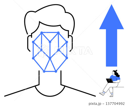 Technology, AI, remote work, surveillance, growth, network advancement. Stylized wireframe facial recognition geometry and upward arrow. Technology and AI innovation concept Technology, AI, remote work, surveillance, growth, network advancement. Stylized wireframe facial recognition geometry and upward arrow. Technology and AI innovation concept 137704992