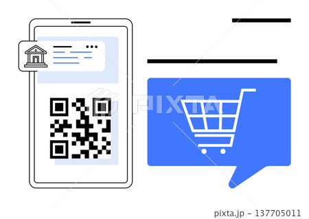 Digital transactions, e-commerce, cashless payments, online banking, mobile shopping, scanning QR codes. A smartphone displaying a QR code next to a shopping cart icon. Digital transactions Digital transactions, e-commerce, cashless payments, online banking, mobile shopping, scanning QR codes. A smartphone displaying a QR code next to a shopping cart icon. Digital transactions 137705011