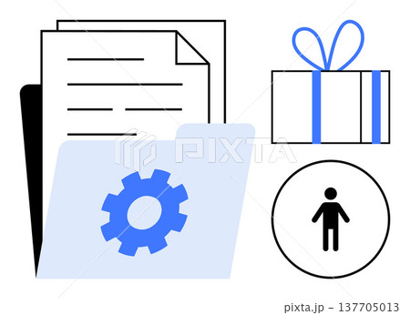 Business organization, digital storage, user management, data sharing, system settings, personalization. ion of a folder with files, a gear a gift box and a user icon. Business organization Business organization, digital storage, user management, data sharing, system settings, personalization. ion of a folder with files, a gear a gift box and a user icon. Business organization 137705013