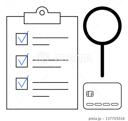 Evaluation processes, task management, identity verification, financial security, fraud detection, business organization. Clipboard with checklist, magnifying glass credit card. Identity Evaluation processes, task management, identity verification, financial security, fraud detection, business organization. Clipboard with checklist, magnifying glass credit card. Identity 137705016