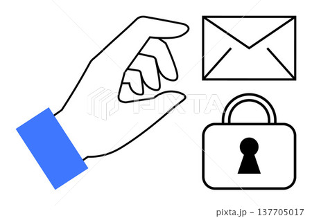 Cybersecurity, secure email, data protection, privacy, secure messaging, information safety. Hand reaching for an envelope and padlock icon. Cybersecurity and secure email concept Cybersecurity, secure email, data protection, privacy, secure messaging, information safety. Hand reaching for an envelope and padlock icon. Cybersecurity and secure email concept 137705017