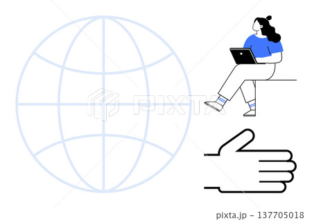 Digital communication, online learning, teamwork collaboration, technology impact, remote work, global connections. Woman with laptop, globe outline hand gesture. Digital communication and online Digital communication, online learning, teamwork collaboration, technology impact, remote work, global connections. Woman with laptop, globe outline hand gesture. Digital communication and online 137705018