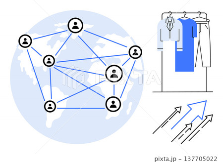 E-commerce, global trade, remote networking, supply chain, digital communication, collaborative economy. Networked people on a global map, clothing rack upward arrows. E-commerce and global trade E-commerce, global trade, remote networking, supply chain, digital communication, collaborative economy. Networked people on a global map, clothing rack upward arrows. E-commerce and global trade 137705022