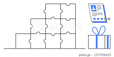 Team building, recruitment, employee retention, feedback rating, service evaluation, reward system. Stacked puzzle blocks, document with ratings gift box tied with ribbon. Teamwork and recruitment Team building, recruitment, employee retention, feedback rating, service evaluation, reward system. Stacked puzzle blocks, document with ratings gift box tied with ribbon. Teamwork and recruitment 137705025