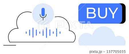 Voice recognition, e-commerce, cloud computing, digital services, online transactions, artificial intelligence. Microphone icon with soundwaves inside a cloud and a blue buy button. Voice recognition 137705035