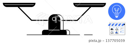 Innovation, business solutions, decision-making, e-commerce, ideas, marketplace. A balance scale with a lightbulb icon and a storefront symbol. Innovation and business solutions visually Innovation, business solutions, decision-making, e-commerce, ideas, marketplace. A balance scale with a lightbulb icon and a storefront symbol. Innovation and business solutions visually 137705039