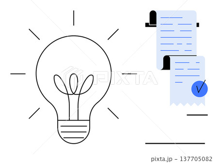 Innovation, problem-solving, business approval, document verification, creative processes, decision-making. Light bulb signifies ideas, document with checkmark shows approval. Innovation Innovation, problem-solving, business approval, document verification, creative processes, decision-making. Light bulb signifies ideas, document with checkmark shows approval. Innovation 137705082