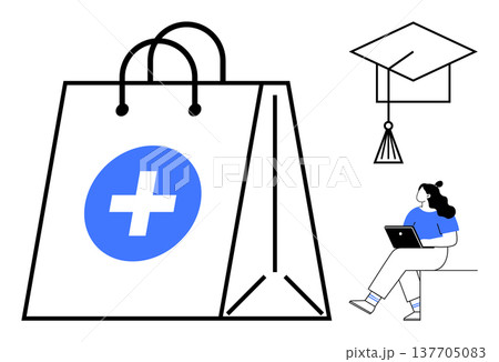 Online education, healthcare access, remote learning, e-commerce for medical goods, virtual services, and digital solutions. Features a shopping bag, graduation cap, and seated woman with a laptop 137705083