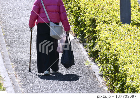 日本の横浜都市景観杖の高齢女性(マスク姿)、高齢化社会…人生とは…=横浜市内 日本の横浜都市景観杖の高齢女性(マスク姿)、高齢化社会…人生とは…=横浜市内 137705097