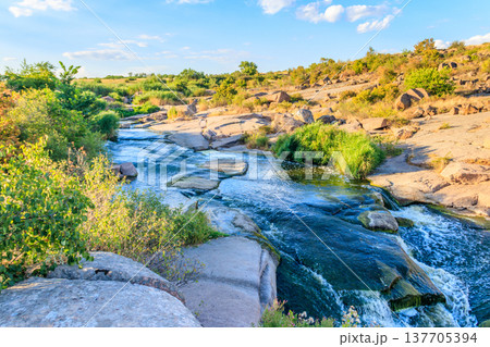 View of Tokovsky waterfalls on the Kamenka river in Dnipropetrovsk region, Ukraine 137705394