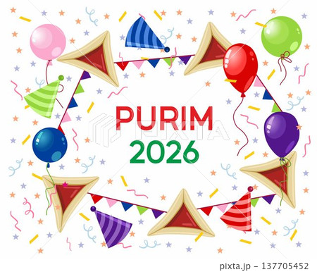 Purim 2026. Image for the holiday of Purim. Hand-drawn. Vector illustration. Celebration. Balloons, caps, Hamantaschen and serpentine. Purim 2026. Image for the holiday of Purim. Hand-drawn. Vector illustration. Celebration. Balloons, caps, Hamantaschen and serpentine. 137705452