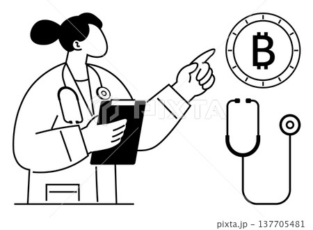 Healthcare, cryptocurrency, blockchain solutions, digital transformation, fintech in medicine, future healthcare payments. A doctor holding a clipboard pointing to a Bitcoin symbol. Healthcare Healthcare, cryptocurrency, blockchain solutions, digital transformation, fintech in medicine, future healthcare payments. A doctor holding a clipboard pointing to a Bitcoin symbol. Healthcare 137705481