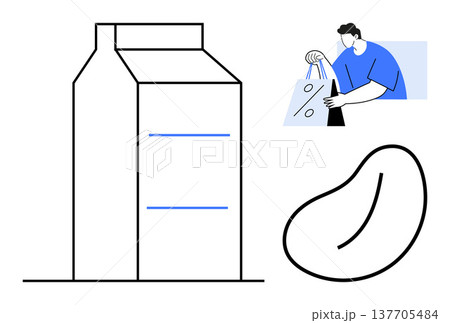 Consumer choices, grocery shopping, packaging, sustainability, retail concepts, product design. Milk carton, person holding shopping bag bean graphic. Consumer choices and grocery shopping concept Consumer choices, grocery shopping, packaging, sustainability, retail concepts, product design. Milk carton, person holding shopping bag bean graphic. Consumer choices and grocery shopping concept 137705484