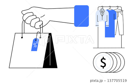 E-commerce, retail shopping, financial planning, discounts, marketing, fashion sales. Hand holding a bag with a discount tag, clothes on a hanger and coins. E-commerce and retail shopping concept 137705519