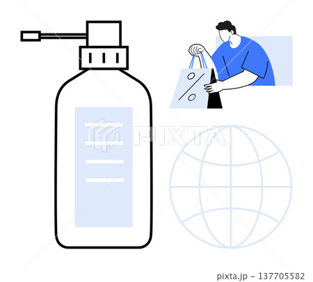 Hygiene, consumer habits, online shopping, global trade, safety measures, e-commerce. A spray bottle, globe and a person holding shopping bags. Hygiene and consumer habits Hygiene, consumer habits, online shopping, global trade, safety measures, e-commerce. A spray bottle, globe and a person holding shopping bags. Hygiene and consumer habits 137705582