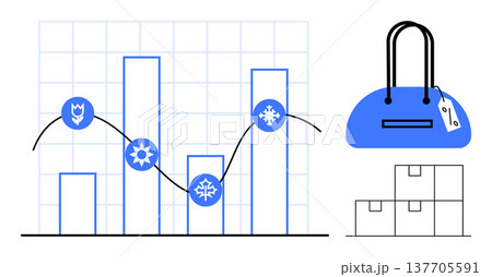 Retail trends, seasonal sales, product distribution, logistics planning, e-commerce strategy, business growth. Graph showing seasonal patterns, bag with price tag and stacked boxes. Retail trends 137705591