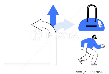 Crime prevention, shoplifting awareness, choices, law enforcement, consumer behavior, retail security. A thief running with a handbag and directional arrows. Crime prevention and shoplifting 137705607