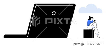 Remote work, digital communication, online learning, technology lifestyle, cloud computing, virtual interaction. Abstract laptop and a woman using a smartphone. Remote work and digital communication Remote work, digital communication, online learning, technology lifestyle, cloud computing, virtual interaction. Abstract laptop and a woman using a smartphone. Remote work and digital communication 137705608