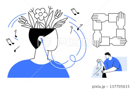 Mental health, teamwork, sustainability, creativity, mindfulness, positive lifestyle. Stylized person listening to music, hands forming unity sustainable bag. Mental health and teamwork concept 137705615