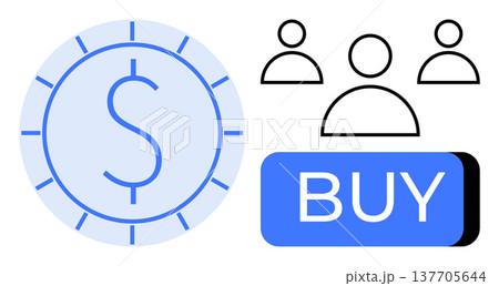 E-commerce, online shopping, financial transactions, user engagement, digital marketing, and retail sales. Visual of a dollar sign coin, people icons and a buy button. E-commerce and online shopping E-commerce, online shopping, financial transactions, user engagement, digital marketing, and retail sales. Visual of a dollar sign coin, people icons and a buy button. E-commerce and online shopping 137705644