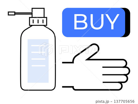 E-commerce, shopping, hygiene, online orders, sanitation, hand washing. Pump bottle and a hand with a prominent buy button. Hygiene and online shopping conceptual idea E-commerce, shopping, hygiene, online orders, sanitation, hand washing. Pump bottle and a hand with a prominent buy button. Hygiene and online shopping conceptual idea 137705656