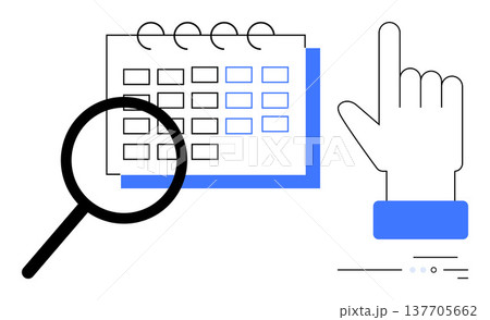 Scheduling, decision-making, time management, event planning, online booking, task organization. Magnifying glass near a calendar and a hand pointer icon. Scheduling and decision-making concepts 137705662