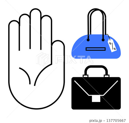 Consumer protection, product authentication, brand security, counterfeit detection, retail integrity, online shopping. Hand, handbag and briefcase icons. Consumer protection and product Consumer protection, product authentication, brand security, counterfeit detection, retail integrity, online shopping. Hand, handbag and briefcase icons. Consumer protection and product 137705667