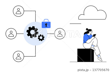 Data management, cloud storage, cybersecurity, user access, team collaboration, digital security. Gears, a lock connected users and a person using a tablet. Data management and cloud storage 137705670