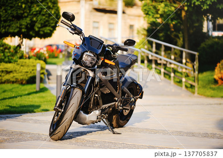 A horizontal shot of a sleek black electric motorcycle with orange turn signals, parked on a paved path with green trees and a building in the blurred background. 137705837
