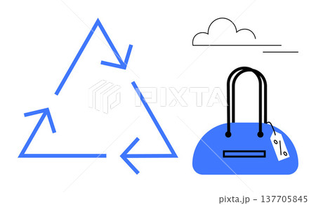 Sustainability, eco-conscious shopping, circular economy, environmental awareness, waste management, recycling culture. Blue triangular recycle arrows with a handbag and cloud. Sustainability 137705845