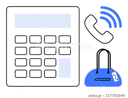 E-commerce, retail business, online shopping, payment methods, telecommunication, financial management. A calculator, a phone with signal waves and a handbag with a price tag. E-commerce and retail 137705849