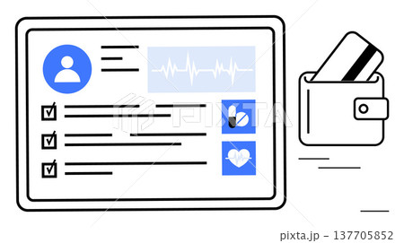 Healthcare records, telemedicine systems, payment security, fintech health, patient care, digital identity. Patient profile card on a screen and digital wallet icon. Healthcare records 137705852