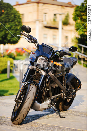 A vertical full-shot of a sleek black electric motorcycle with orange turn signals, parked on a paved walkway in a sunny urban park setting. 137705875