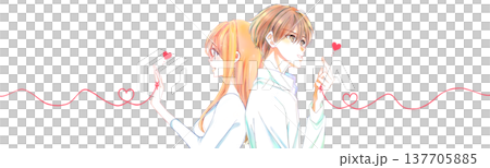 一男一女，背靠背，被命運的紅線緊緊相連。春天。 137705885