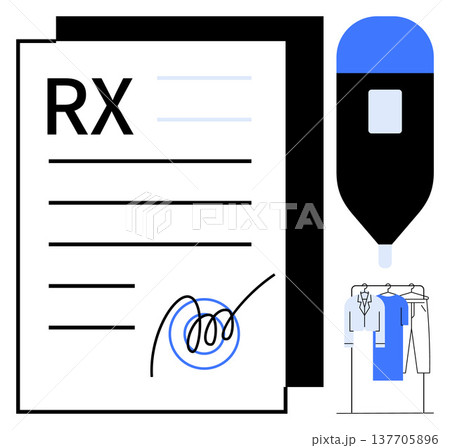 Healthcare, medical technology, digital documentation, telemedicine, prescriptions, digital workflows. Prescription paper with signature, stylized digital pen and medical attire. Healthcare Healthcare, medical technology, digital documentation, telemedicine, prescriptions, digital workflows. Prescription paper with signature, stylized digital pen and medical attire. Healthcare 137705896