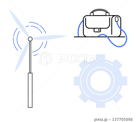 Renewable energy, sustainability, business solutions, innovation, clean technology, corporate strategy. Minimal wind turbine, gear shape and briefcase. Renewable energy and sustainability visual 137705898