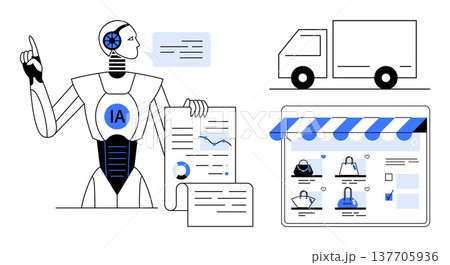 E-commerce, logistics, data automation, tech innovation, AI support, futuristic services. A robot interacts with data, a delivery truck and an online storefront. E-commerce and logistics concepts E-commerce, logistics, data automation, tech innovation, AI support, futuristic services. A robot interacts with data, a delivery truck and an online storefront. E-commerce and logistics concepts 137705936