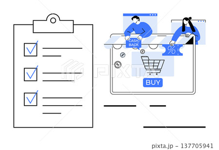 E-commerce, cashback, online retail, shopping list, consumer behavior, digital marketing. Graphic shows a checklist, shopping cart icon and platform offering cashback and discounts. E-commerce E-commerce, cashback, online retail, shopping list, consumer behavior, digital marketing. Graphic shows a checklist, shopping cart icon and platform offering cashback and discounts. E-commerce 137705941