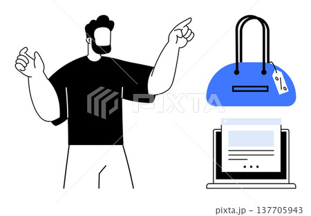 Online shopping, digital commerce, product marketing, retail technology, customer engagement, sales trends. Man pointing towards a shopping bag and a web interface. Online shopping and digital 137705943