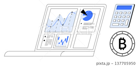 Financial technology, cryptocurrency, data analysis, investment planning, digital payment, blockchain economy. Laptop with charts, calculator Bitcoin symbol. Financial technology and cryptocurrency 137705950