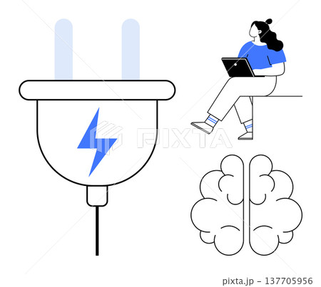 Renewable energy, digital learning, brainstorming sessions, electric power, innovation, work. A plug with a lightning symbol, a brain outline and a woman with a laptop. Renewable energy and digital Renewable energy, digital learning, brainstorming sessions, electric power, innovation, work. A plug with a lightning symbol, a brain outline and a woman with a laptop. Renewable energy and digital 137705956