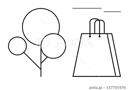Sustainability, eco-consciousness, green shopping, retail, environment-friendly packaging, waste reduction. Minimalist tree and shopping bag design. Sustainability and eco-consciousness concept 137705976