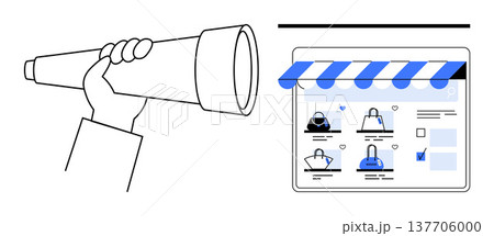 Online shopping, e-commerce, digital marketing, consumer behavior, product analysis, retail innovation. Hand holding a telescope next to a digital storefront. Online shopping and e-commerce concept Online shopping, e-commerce, digital marketing, consumer behavior, product analysis, retail innovation. Hand holding a telescope next to a digital storefront. Online shopping and e-commerce concept 137706000
