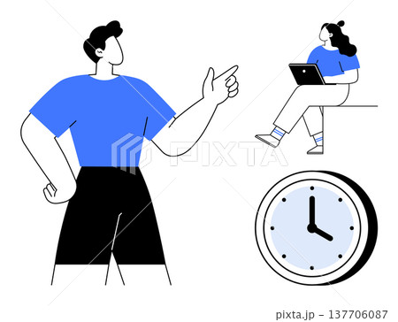 Time management, productivity, teamwork, task organization, goal setting, scheduling. A person pointing, another with a laptop and a clock. Time management and productivity concept Time management, productivity, teamwork, task organization, goal setting, scheduling. A person pointing, another with a laptop and a clock. Time management and productivity concept 137706087