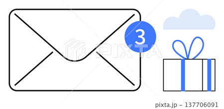 Online communication, digital marketing, rewards, notifications, email services, cloud storage. Envelope with notification badge, cloud and gift box. Online communication and digital marketing Online communication, digital marketing, rewards, notifications, email services, cloud storage. Envelope with notification badge, cloud and gift box. Online communication and digital marketing 137706091